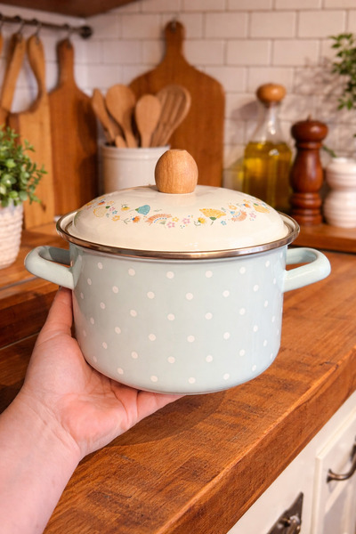 ALEV EMAYE 16 cm 1.5 Liter Enamel Deep Cooking Pot - with Wooden Handle