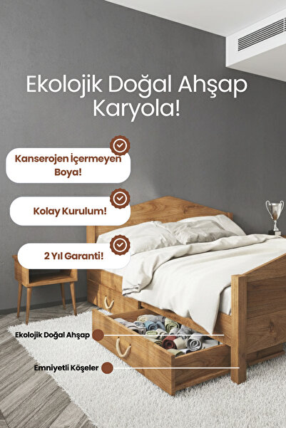 RENAZZO Milano Çekmeceli Masif Ahşap Karyola - Depolama Alanlı Modern Karyola