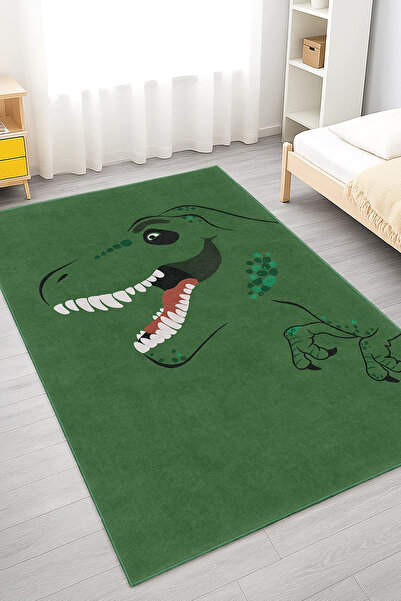 Home Yeşil Arka Planda Dinozor Desenli Yıkanabilir Kaymaz Taban Halı