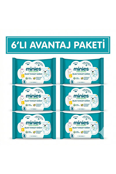 Minies Doğal, Klozete atılablir, Islak Tuvalet Kağıdı 60'lı * 6 ADET