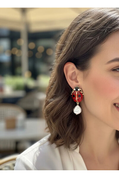 Dorvina Brass Anti-Tarnish Jewelry Gold Detailed Red Color Pearl Ladybug Wome...