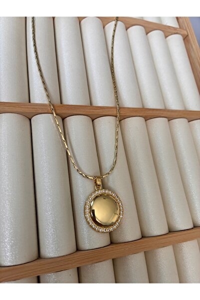 ARİ TAKI قلادة من الفولاذ الذهبي مع ميدالية مرصعة بالأحجار مقاس 66 سم