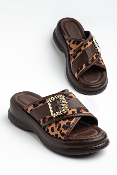 Dilimler Ayakkabı Brown Women's Wedge Heel Slippers with Cross Straps and Leo...
