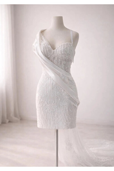 Ezni Atelier Tek Omuz Detaylı Mini İnci Taş İşlemeli After Party Nişan Gece E...