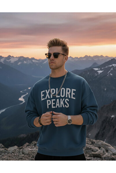 KVİNS Men's Blue Crew Neck Comfortable Fit Cotton Sweatshirt