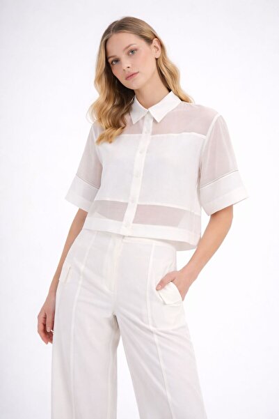 MG GİYİM STORE Kadın Beyaz Şifon Crop Gömlek Transparan Detaylı