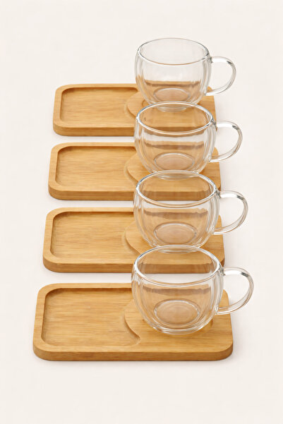 Mirilliahome 4-Piece Glass Tea and Coffee Cup Presentation Set with Bamboo Bases