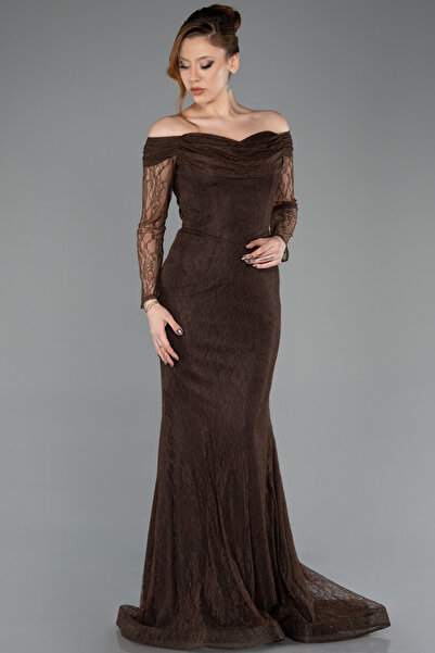 Abiyefon Kahve Kayık Yaka Uzun Kol Dantel Abiye Elbise ABU5617