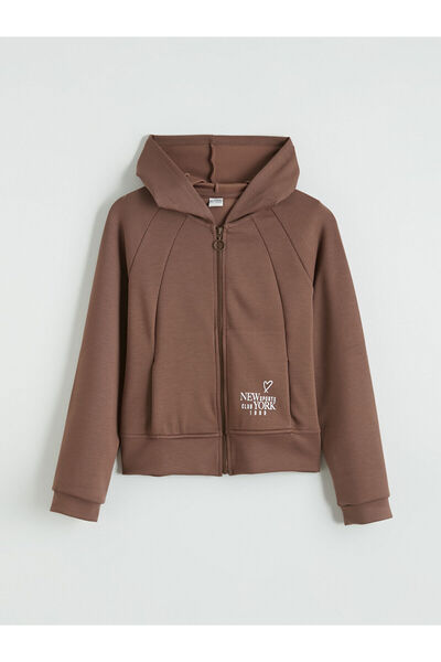 LC Waikiki مجموعة إلسيفا سويت شيرت بني اللون بطباعة وقلنسوة وسحاب للبنات