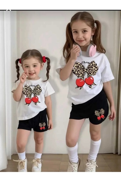 Kids Kurdeleli kiraz baskılı yazlık kız çocuk takım