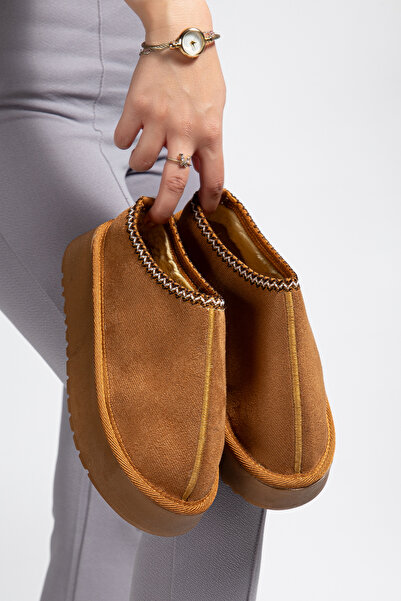 Vaska Roma Kadın Süet Görünümlü İçi Yünlü Kalın Taban Kadın Terlik