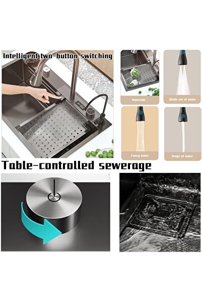 YD Waterfall Kitchen Sink Black Single Bowl Smart Sinks Stainless Steel Farmhouse Workstation Sink Bar