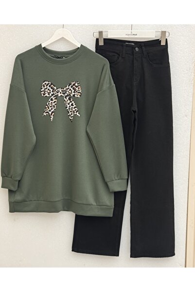 Modamorfo Round Neck Bowknot Printed Loose Tunic - Khaki