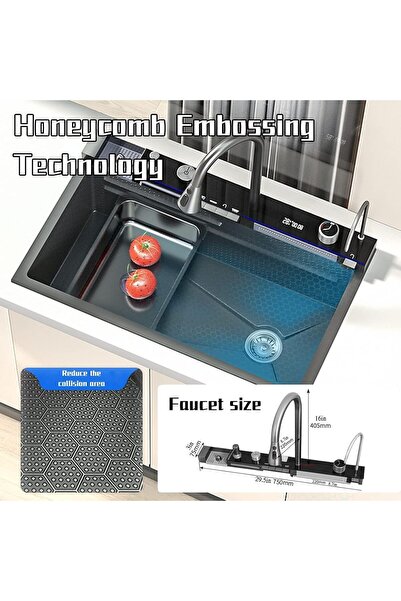YD Waterfall Kitchen Sink Black Single Bowl Smart Sinks Stainless Steel Farmhouse Workstation Sink Bar