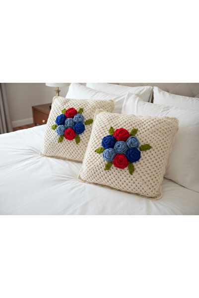 Kheyaal غطاء وسادة مصنوع يدويًا من الكروشيه ثلاثي الأبعاد على شكل وردة - قطعة...