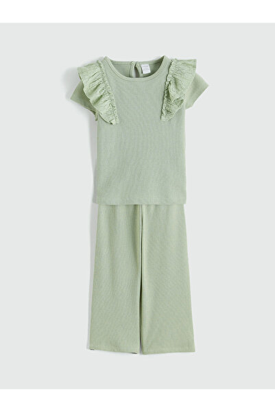 LC Waikiki Meral Collection Green Textured Ruffled Girls' Blouse and Pants