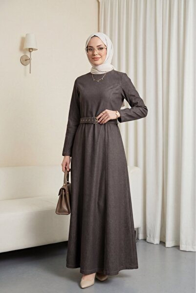 Modamorfo Flared Skirt Zippered Belted Denim Dress -Laci