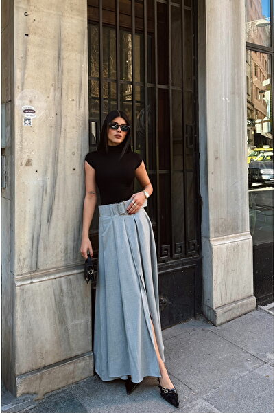 LB Laluna Butik Women's Pleated Long Skirt with Front Slit and Wide Belt