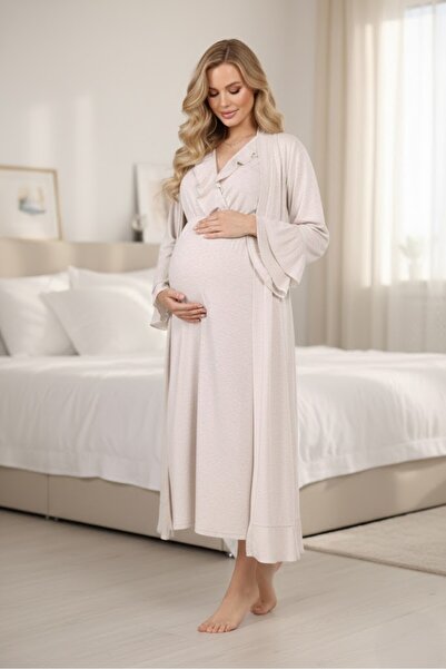 PREGNANT WORLD Women's Beige Melange Flounced Full Length Design Short Sleeve...