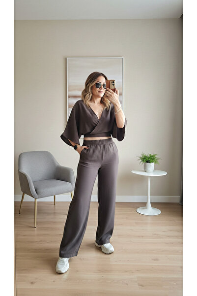 PINARKAYASTYLE Double-Breasted Blouse Wide-Legged Trousers Bottom Top Set Bro...