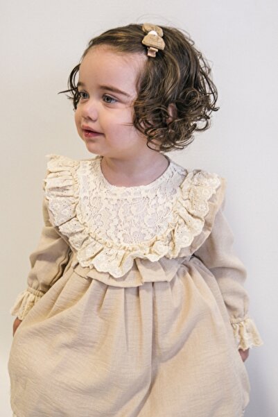 Mary&Joe Olivia Kız Bebek Bej Dantel Yaka Fırfırlı Uzun Kollu Elbise 6-24 Ay
