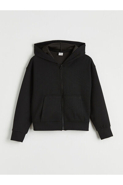 LC Waikiki سويت شيرت أسود بقلنسوة للفتيات ذو ملمس ناعم وسحاب أمامي