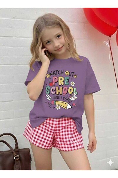 New Shine Tricou pentru copii mov cu imprimeu școlar