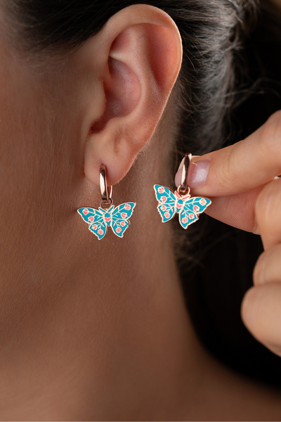 Silvano Jewelry 925 Ayar Gümüş Rose Kaplama Mineli Kelebek Küpe