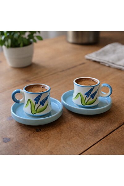 Ceramillion Lavanta Serisi Mavi Çiçek Figürlü 2'li Kahve Fincan Seti El Boyam...
