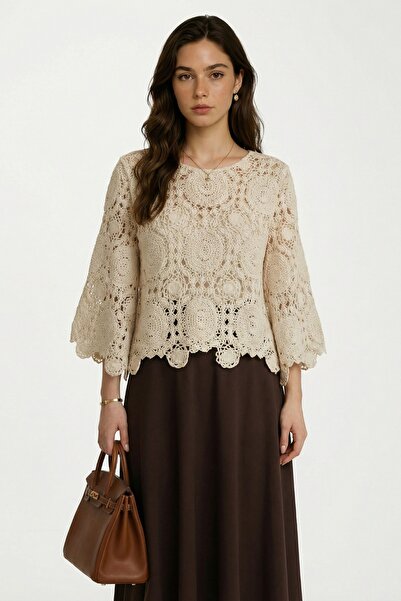 Lunfia Yuvarlak Yaka İspanyol Kol Triko Üst - Krem