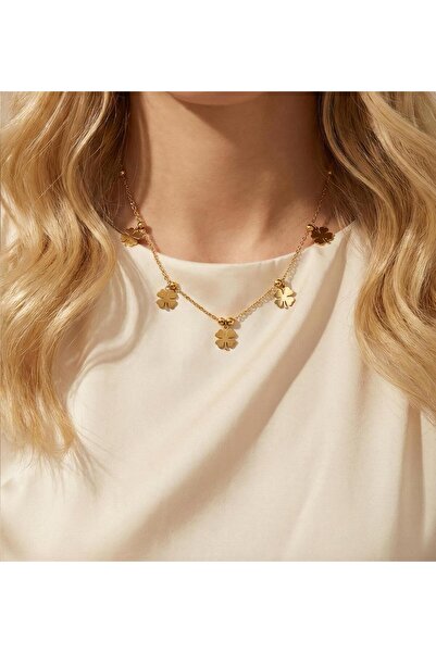 Ashley Collection Yonca Desenli Zarif Altın Rengi Kolye