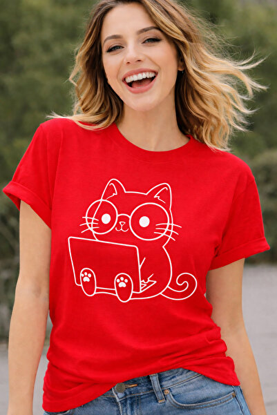 ArtYus Cat with Laptop Printed Cotton Relaxed Fit Round Neck Unisex T-Shirt