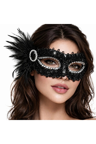 Lisinya Black Stone Venetian Party Mask – Feathered and Sequined - Tygoo