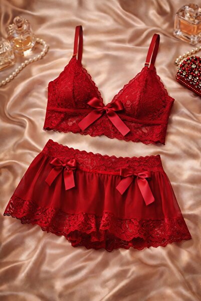 cdh çeyize dair herşey Kırmızı Dantel Etekli Bralet Takım