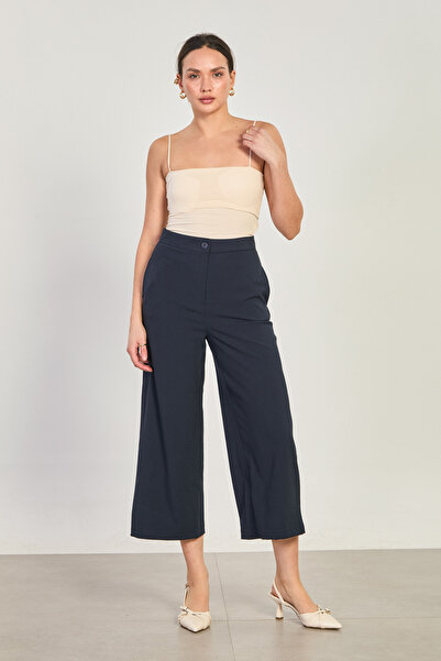 BARRELS AND OIL Women's High Waist Wide Leg Culotte Pants - Navy Blue