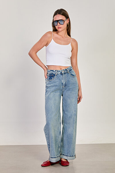 BARRELS AND OIL Women's Double Leg Palazzo Jean Trousers - Light Blue