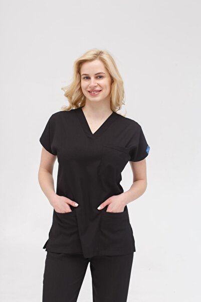 Dr. Mitra Μαύρη στολή νοσοκόμας-γιατρού από λύκρα, unisex χειρουργική στολή s...