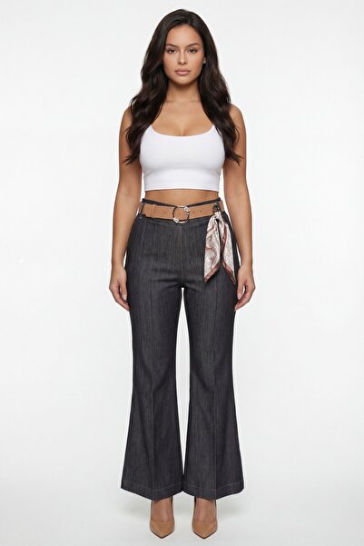 EXİTLİNE Women's Black Seasonal Elastic Waist Belted Spanish Flare Denim Trou...