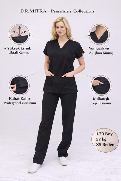 Dr. Mitra Black Lycra Nurse Doctor Uniform Unisex Surgical Suit Scrubs Uniform