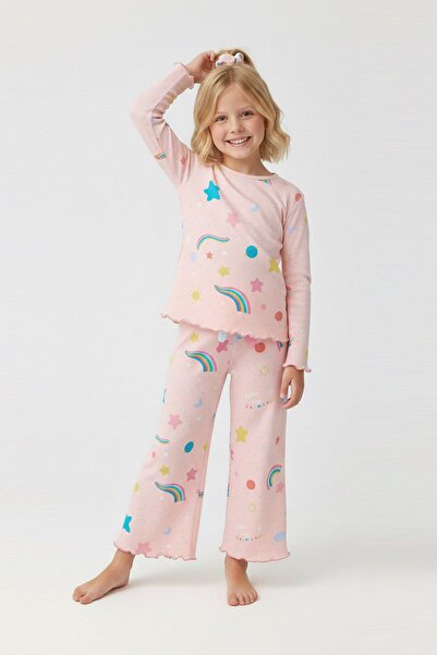 SERRASTIL Girls' Pajama Set with Buckle, Rainbow Printed, 100% Cotton, Long S...