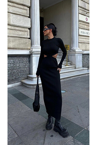 VENTUS MODA&ÇANTA Siyah Cut Out Detaylı Triko Elbise – Standart Beden