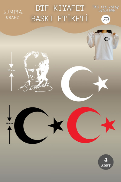 Burak Baskı Tasarım Siyah Kırmızı Beyaz Renkli Ay Yıldız ve Atatürk Kumaşa Üt...