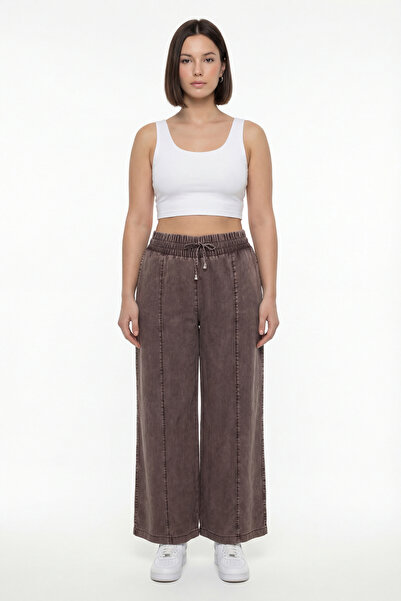 EXİTLİNE Women's Brown Summer Elastic Waist Piped Cuff Lace-Up Denim Trousers