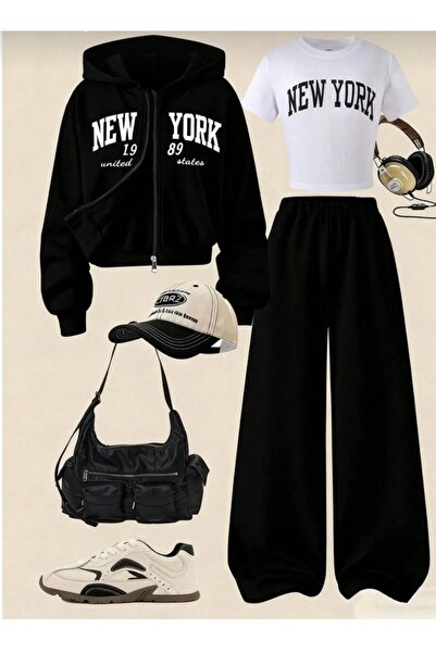 Kids Newyork baskılı 3 lü mevsimlik siyah takım