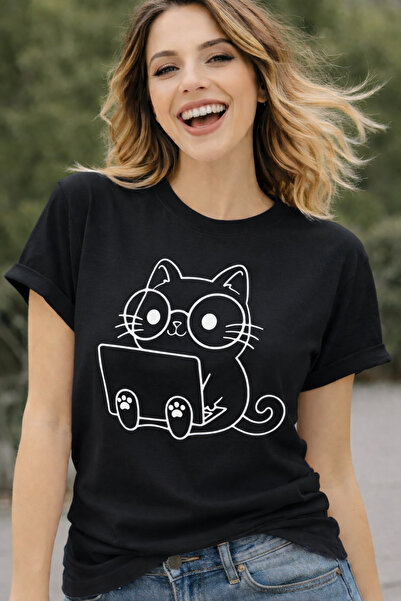 ArtYus Cat with Laptop Printed Cotton Relaxed Fit Round Neck Unisex T-Shirt