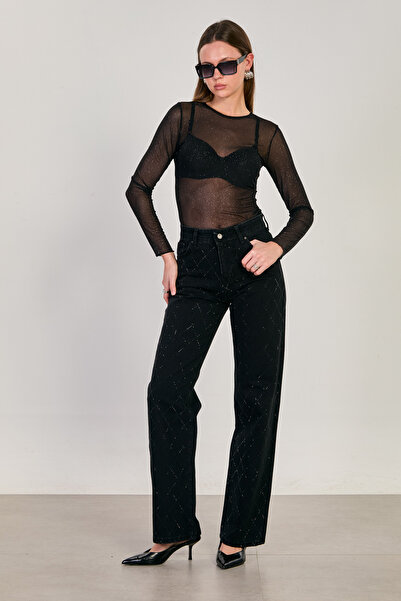 BARRELS AND OIL Women's J63 Baklava Stone Printed Palazzo Jean Trousers - Black