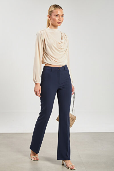 BARRELS AND OIL Women's Spanish Flare Fabric Trousers - Navy Blue