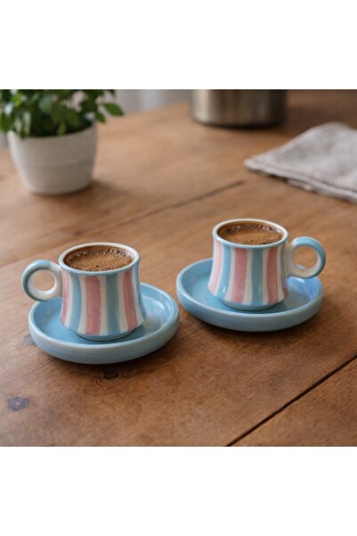 Ceramillion Pastel Candy Serisi Çizgili 2'li Türk Kahvesi Fincanı Seti El Boy...