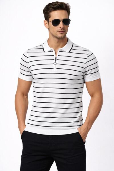 Cosy&Chic Men's White Striped Zippered Knitwear Polo T-Shirt – Slim Fit