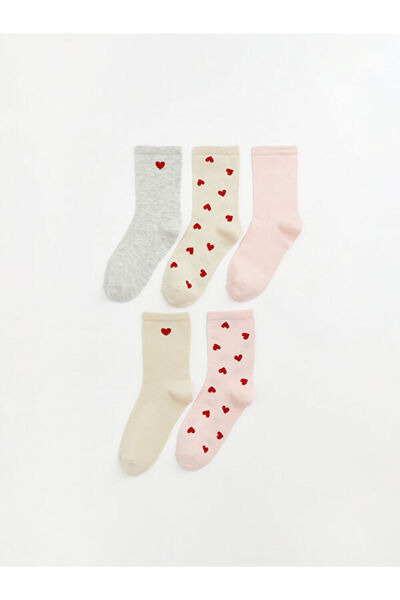 LC Waikiki Rmz Gi̇yi̇m Farkiyla Heart Embroidered Women's Socks 5-Pack